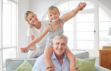 Love, play and portrait of happy family with senior man bond, enjoy quality time and have fun together. Mother, smile and kid girl playing on grandparent or grandfathers shoulder in home living room