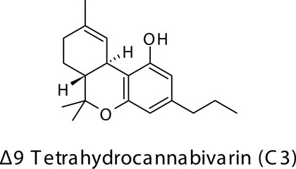 Δ9-Tetrahydrocannabivarin molecular structure on white background. Pharmaceutical natural compound skeletal formula.