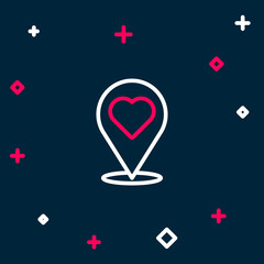 Line Map pointer with heart icon isolated on blue background. Valentines day. Love location. Romantic map pin. Colorful outline concept. Vector