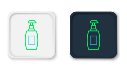 Line Bottle of liquid antibacterial soap with dispenser icon isolated on white background. Antiseptic. Disinfection, hygiene, skin care. Colorful outline concept. Vector
