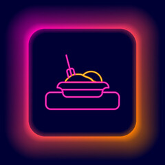 Glowing neon line Plate, fork and knife icon isolated on black background. Cutlery symbol. Restaurant sign. Colorful outline concept. Vector