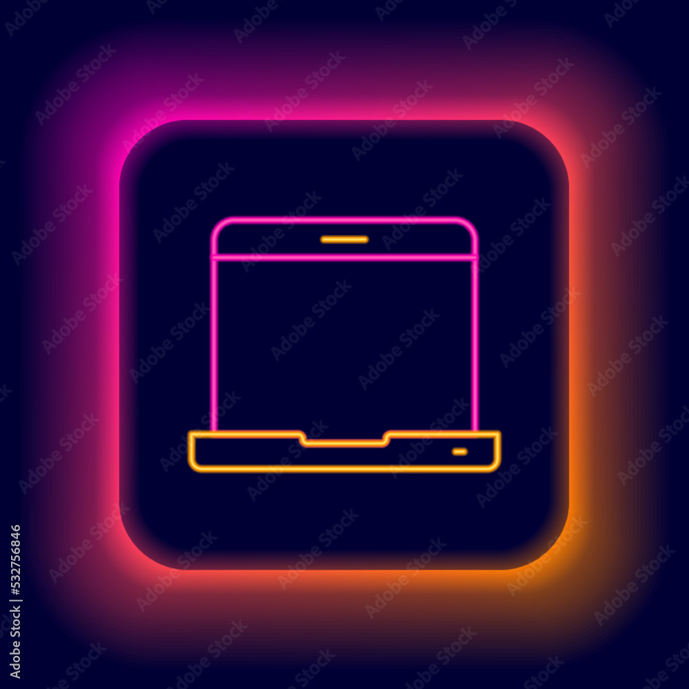 Poster glowing neon line laptop icon isolated on black background. computer notebook with empty screen sign