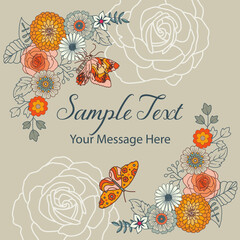 Vintage Retro Groovy Flowers and Butterflies Vector Frame Background