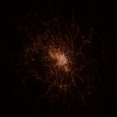 Sucre (Bolivia) street lights map. Satellite view on modern city at night. Imitation of aerial view on roads network. 3d render