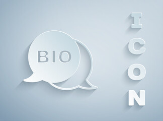 Paper cut Bio green healthy food icon isolated on grey background. Organic product. Healthy food sticker. Paper art style. Vector