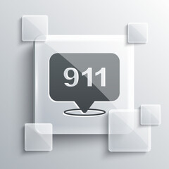 Grey Telephone with emergency call 911 icon isolated on grey background. Police, ambulance, fire department, call, phone. Square glass panels. Vector