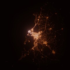 Cartagena (Colombia) street lights map. Satellite view on modern city at night. Imitation of aerial view on roads network. 3d render