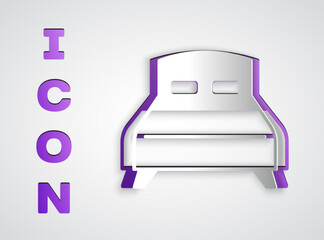 Paper cut Big bed for two or one person icon isolated on grey background. Paper art style. Vector