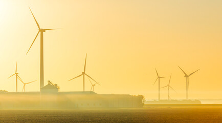 Wind turbines in a foggy agricultural field in sunlight at sunrise in autumn, Almere, Flevoland, Netherlands, September, 2022