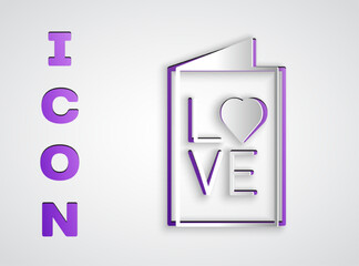 Paper cut Valentines day party flyer icon isolated on grey background. Celebration poster template for invitation or greeting card. Paper art style. Vector