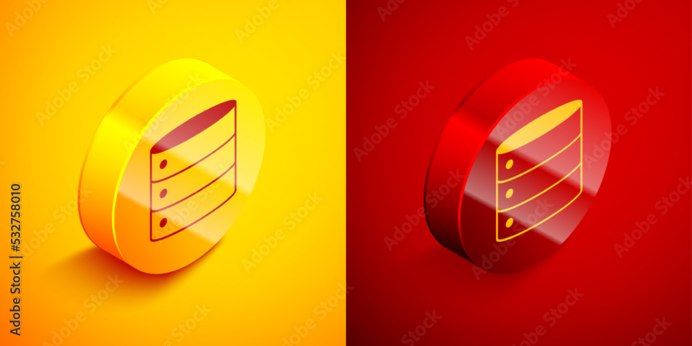 Poster isometric server, data, web hosting icon isolated on orange and red background. circle button. vecto