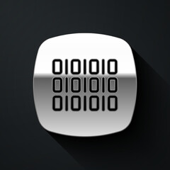 Silver Binary code icon isolated on black background. Long shadow style. Vector