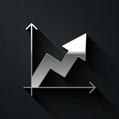 Silver Financial growth increase icon isolated on black background. Increasing revenue. Long shadow style. Vector