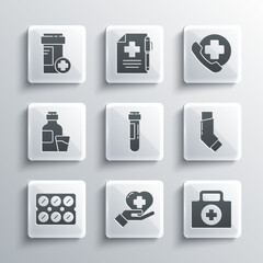 Set Heart with a cross, First aid kit, Inhaler, Test tube blood, Pills in blister pack, Bottle of medicine syrup, Medicine bottle and Emergency phone call to hospital icon. Vector