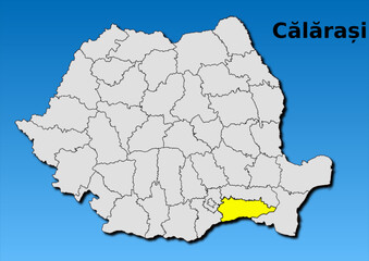 Map of Romania with map of Calarasi county highlighted in yellow vector