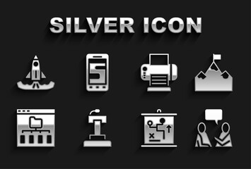 Set Stage stand or tribune, Mountains with flag, Two sitting men talking, Planning strategy concept, Browser files, Printer, Rocket and Chat messages phone icon. Vector