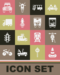 Set Traffic cone, Scooter, Delivery cargo truck, Bus, Rocket ship with fire, Car and icon. Vector