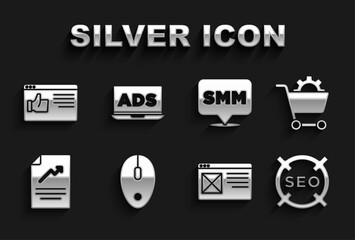 Set Computer mouse, Shopping cart, SEO optimization, Browser window, Document with graph chart, Social media marketing, and Advertising icon. Vector
