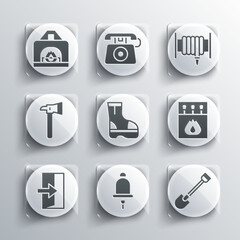 Set Ringing alarm bell, Fire shovel, Matchbox and matches, boots, exit, Firefighter axe, Interior fireplace and hose reel icon. Vector