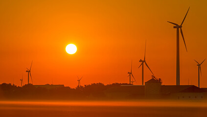 Fototapeta premium Wind turbines in a foggy agricultural field in sunlight at sunrise in autumn, Almere, Flevoland, Netherlands, September, 2022