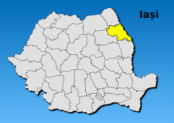 Map of Romania with map of Iasi county highlighted in yellow vector