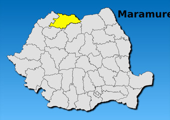 Map of Romania with map of Maramures county highlighted in yellow vector