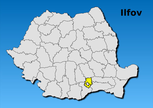 Map of Romania with map of Ilfov county highlighted in yellow vector