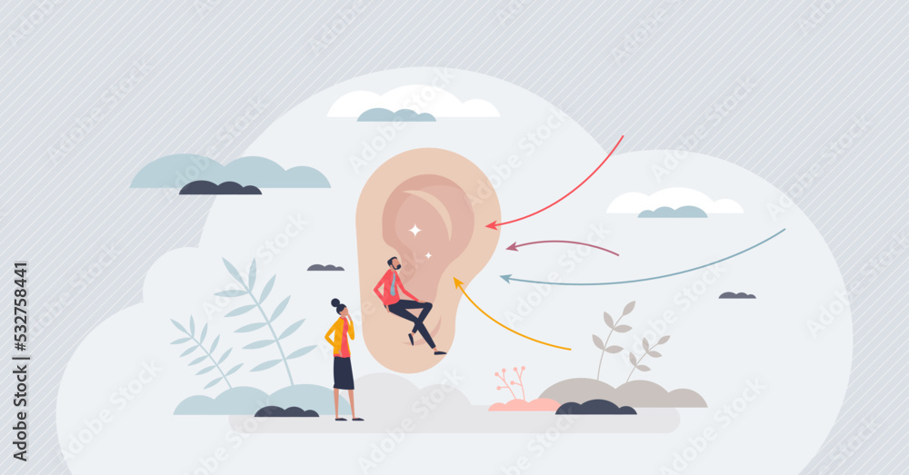 Poster active listening and hear focused what other is saying tiny person concept. conversation and communi