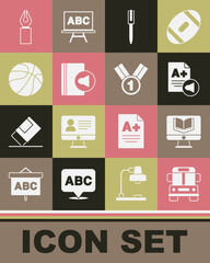 Set School Bus, Online class, Exam sheet with A plus grade, Pen, Audio book, Basketball ball, Fountain pen nib and Medal icon. Vector