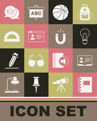 Set Spiral notebook, Online class, Light bulb with idea, Basketball ball, Protractor grid, Graduation cap speech bubble and Magnet icon. Vector