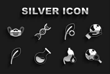 Set Test tube and flask, Hand holding Earth globe, Magnifying glass with, Stomach heartburn, Leaf or leaves, Medical protective mask and DNA symbol icon. Vector