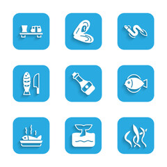 Set Soy sauce bottle, Whale tail in ocean wave, Seaweed, Fish, Served fish on plate, with sliced pieces, Eel and Sushi cutting board icon. Vector