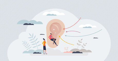 Active listening and hear focused what other is saying tiny person concept. Conversation and communication skill to pay full attention for speech and message vector illustration. Concentration to talk - obrazy, fototapety, plakaty