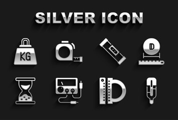 Set Multimeter, voltmeter, Diameter, Medical thermometer, Protractor and ruler, Old hourglass with sand, Construction bubble level, Weight and Roulette construction icon. Vector