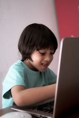 Cute smart Asian boy is happily using his laptop to study online by himself at home. Online learning concept.Self-Study.