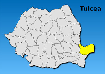 Map of Romania with map of Tulcea county highlighted in yellow vector