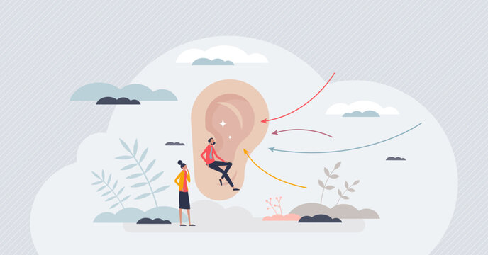 Active listening and hear focused what other is saying tiny person concept. Conversation and communication skill to pay full attention for speech and message vector illustration. Concentration to talk