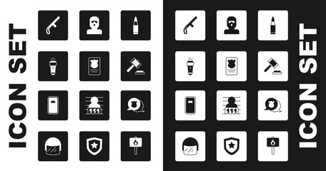 Set Bullet, Police badge with id case, Flashlight, rubber baton, Judge gavel, Thief mask, and assault shield icon. Vector