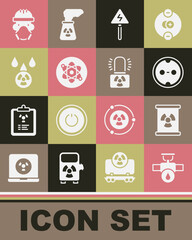 Set Industry pipe and valve, Radioactive waste in barrel, Electrical outlet, High voltage sign, Atom, Acid rain radioactive cloud, Nuclear reactor worker and warning lamp icon. Vector