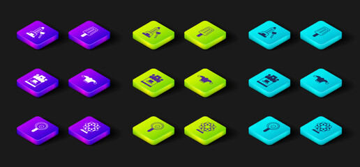 Set Lollipop, Ferris wheel, Ticket box office, Jester hat with bells, Ice cream and Striker attraction hammer icon. Vector