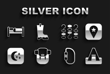 Set Hiking backpack, Location for camping, Tourist tent, Carabiner, Moon and stars, Grilled shish kebab skewer, Bed and Waterproof rubber boot icon. Vector