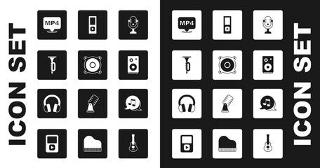 Set Microphone, Stereo speaker, Trumpet, MP4 file document, Music player, note, tone and Headphones icon. Vector