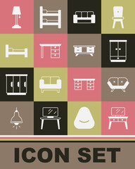 Set Dressing table, Sofa, Wardrobe, Office desk, Bed, Floor lamp and TV stand icon. Vector