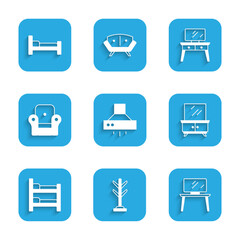 Set Kitchen extractor fan, Coat stand, TV table, Dressing, Bunk bed, Armchair, and Bed icon. Vector