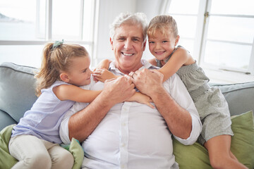 Happy family hug, love and grandfather with children, youth or grandkids playing together, bonding...