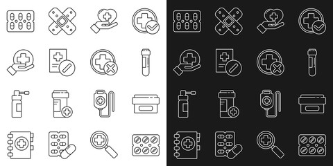 Set line Pills in blister pack, Ointment cream tube medicine, Test with blood, Heart cross, Medical prescription, Cross hospital medical, and icon. Vector