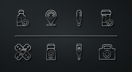 Set line Bottle of medicine syrup, Crossed bandage plaster, Medicine bottle, Medical digital thermometer, Map pointer with cross hospital, First aid kit and icon. Vector