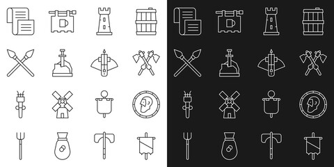Set line Medieval flag, Ancient coin, Crossed medieval axes, Castle tower, Sword the stone, spears, Decree, parchment, scroll and Battle crossbow with arrow icon. Vector