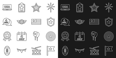 Set line American flag, star shield, Police badge, USA Independence day, Star military, on laptop and icon. Vector