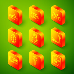 Set line Submarine, Minibus, Bicycle, Traffic light, Cargo ship, Scooter, Bus and Road traffic signpost icon. Vector